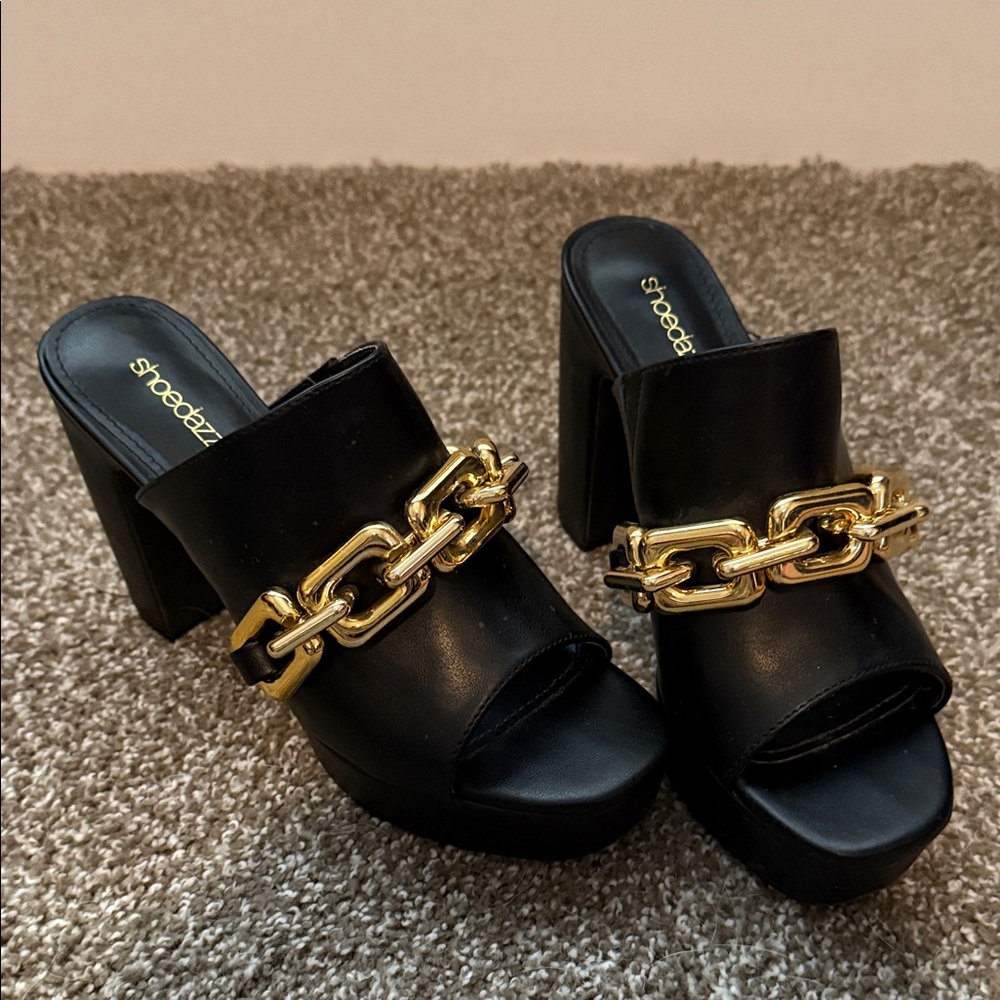 Shoe Dazzle Black Mules with Gold Chain Accent